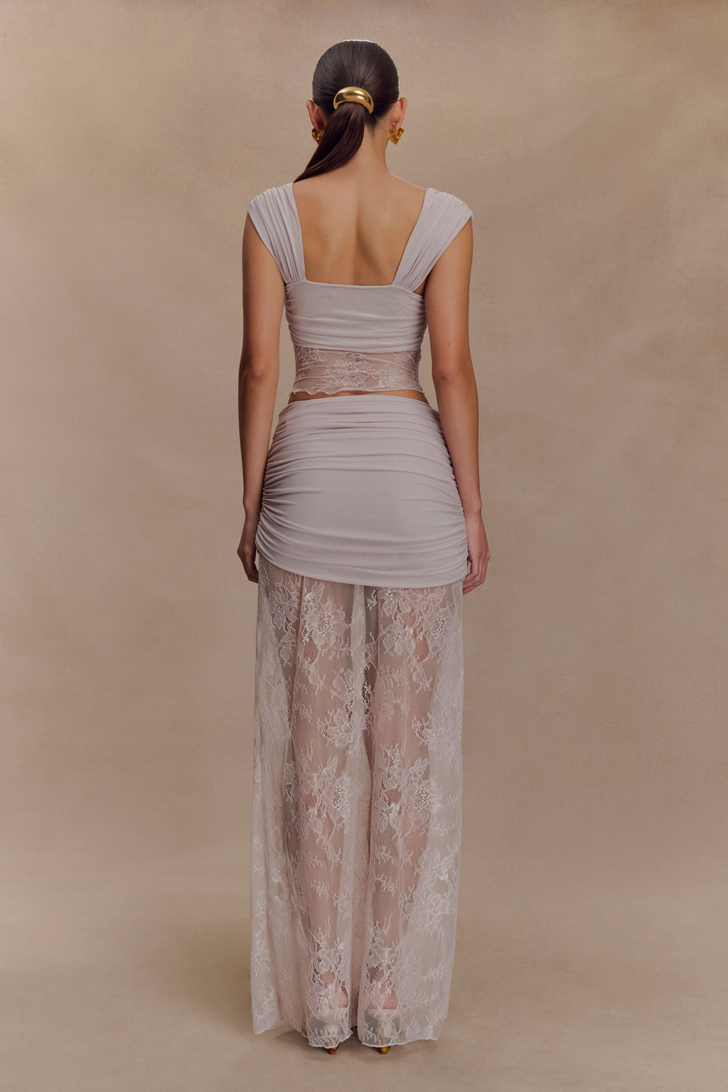 Ruched Mesh Crop Top and Lace Maxi Skirt Set in Taupe