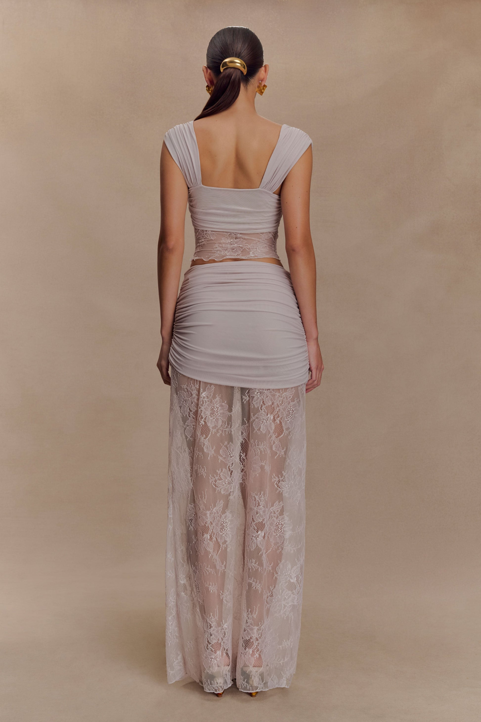 Ruched Mesh Crop Top and Lace Maxi Skirt Set in Taupe