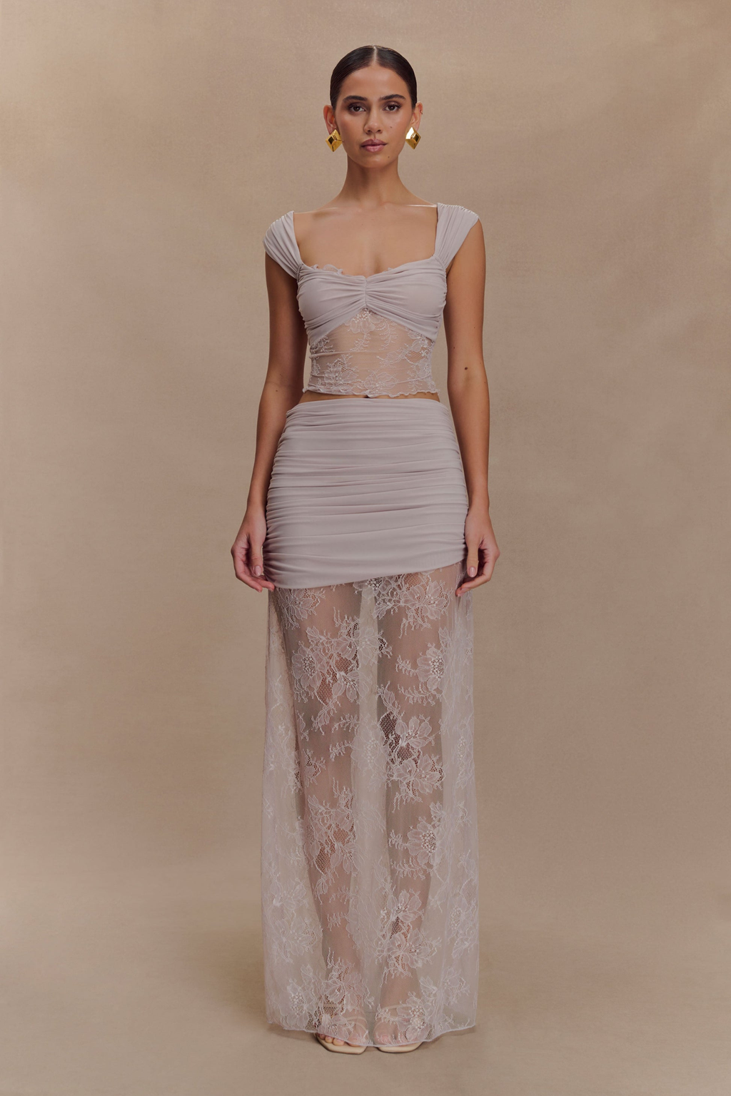 Ruched Mesh Crop Top and Lace Maxi Skirt Set in Taupe