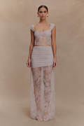 Ruched Mesh Crop Top and Lace Maxi Skirt Set in Taupe