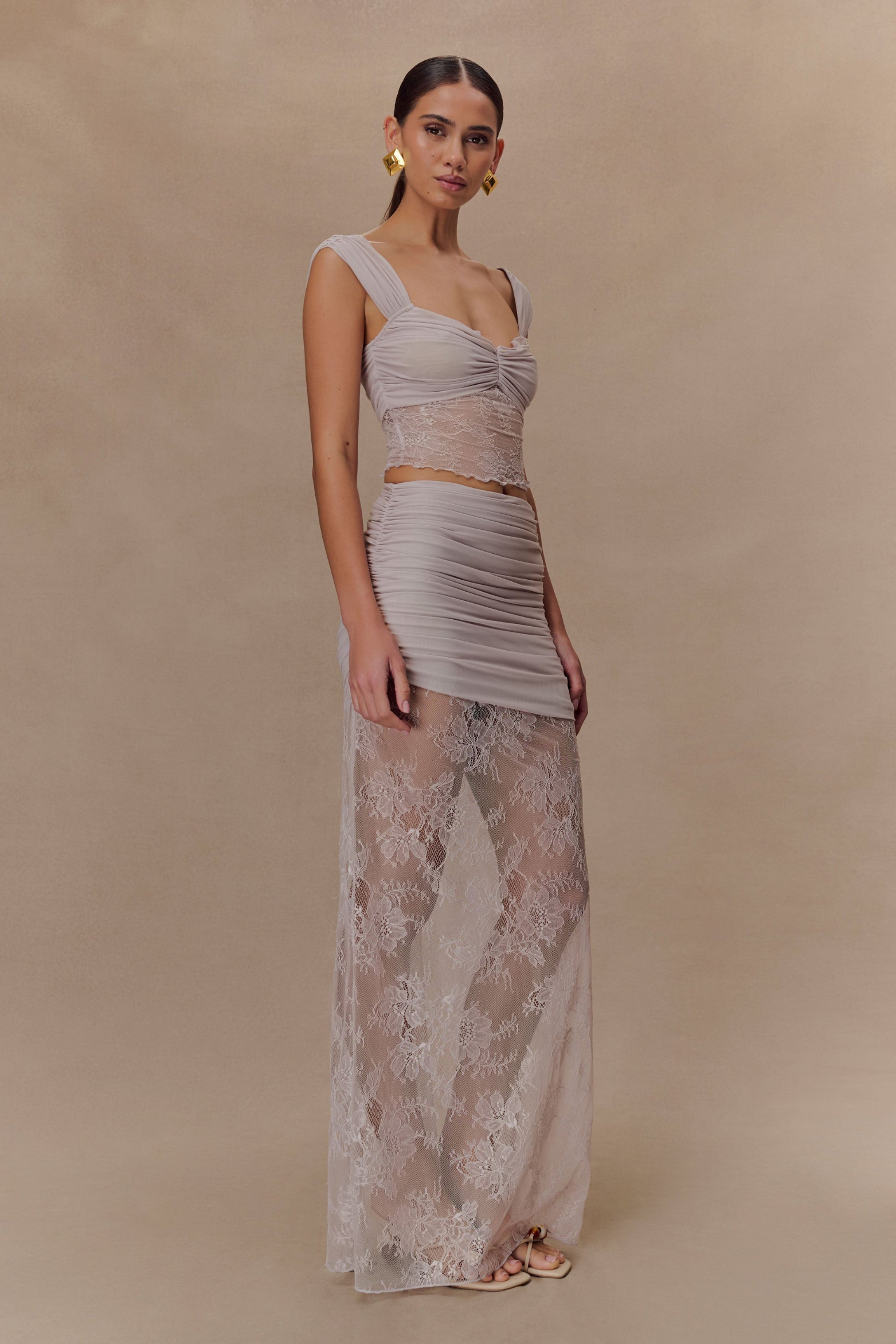 Ruched Mesh Crop Top and Lace Maxi Skirt Set in Taupe