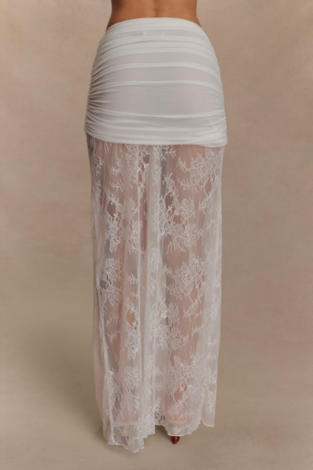 Ruched Mesh Crop Top and Lace Maxi Skirt Set in Taupe