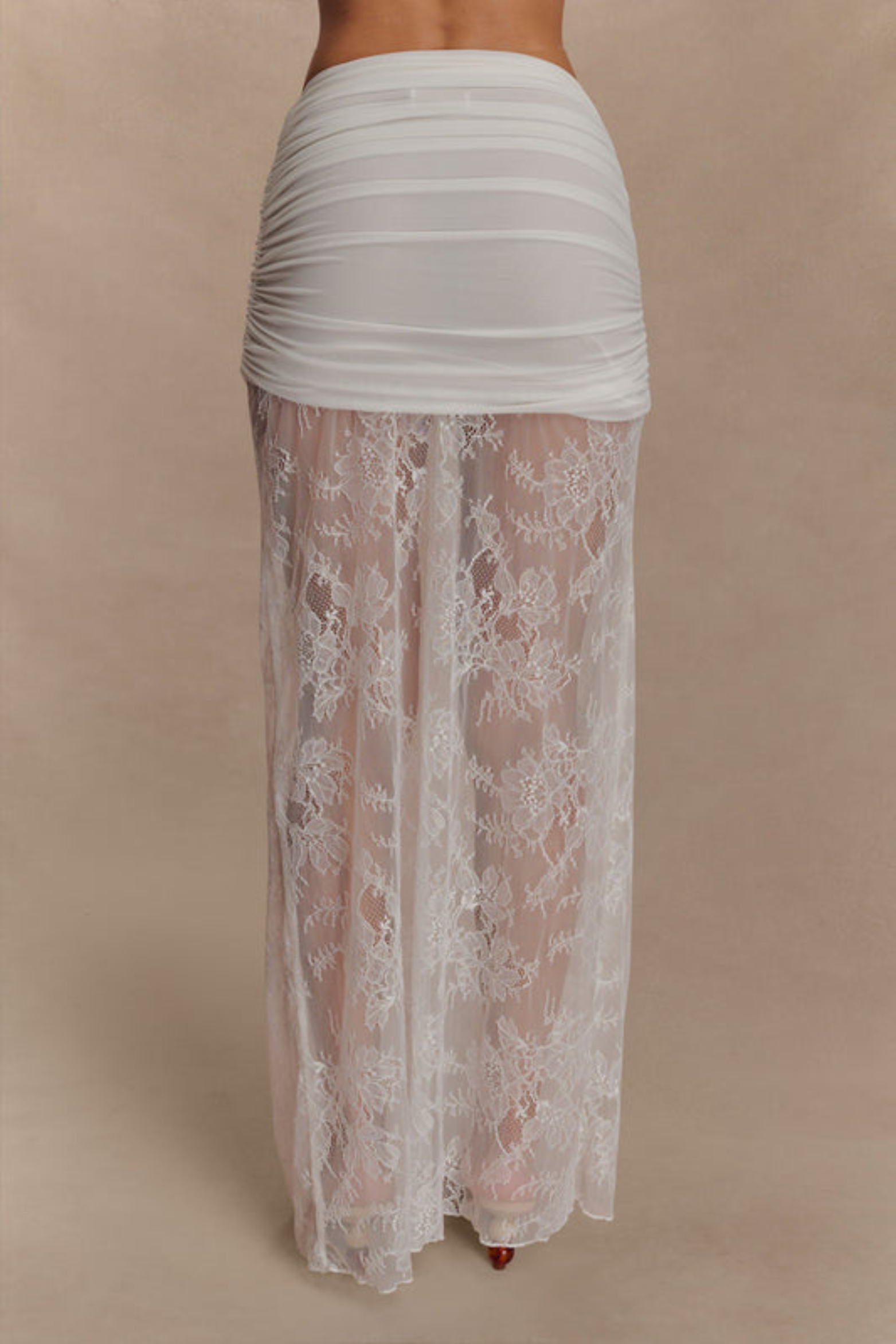 Ruched Mesh Crop Top and Lace Maxi Skirt Set in Taupe