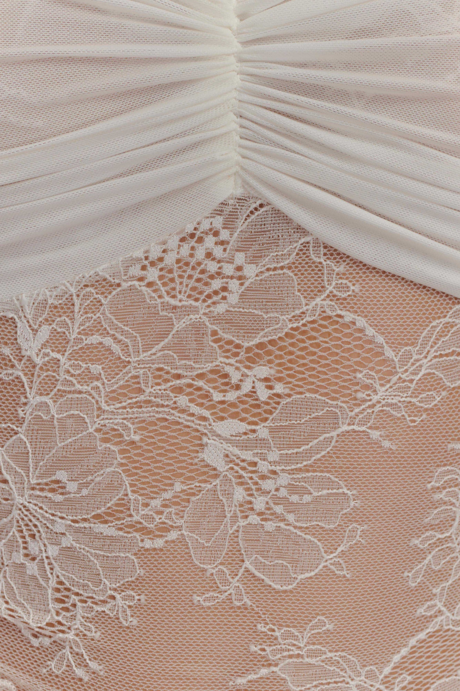 Ruched Mesh Crop Top and Lace Maxi Skirt Set in Taupe
