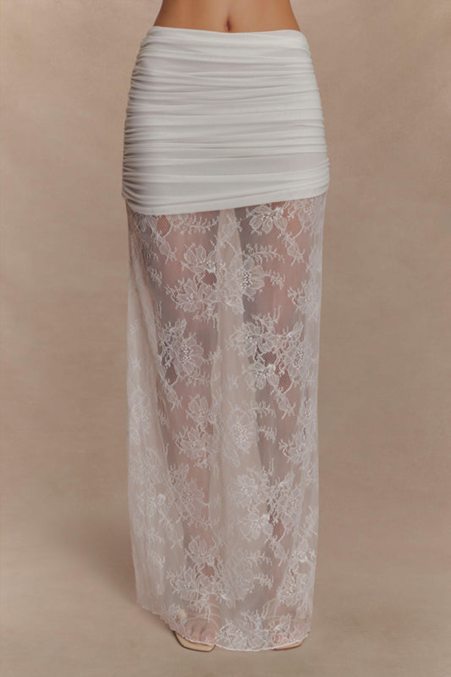 Ruched Mesh Crop Top and Lace Maxi Skirt Set in Taupe