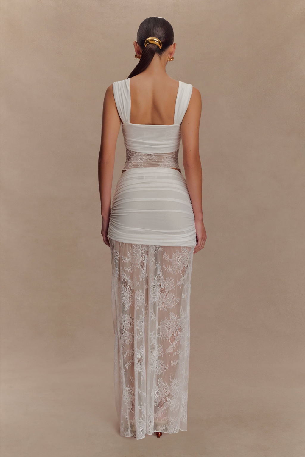 Ruched Mesh Crop Top and Lace Maxi Skirt Set in Taupe