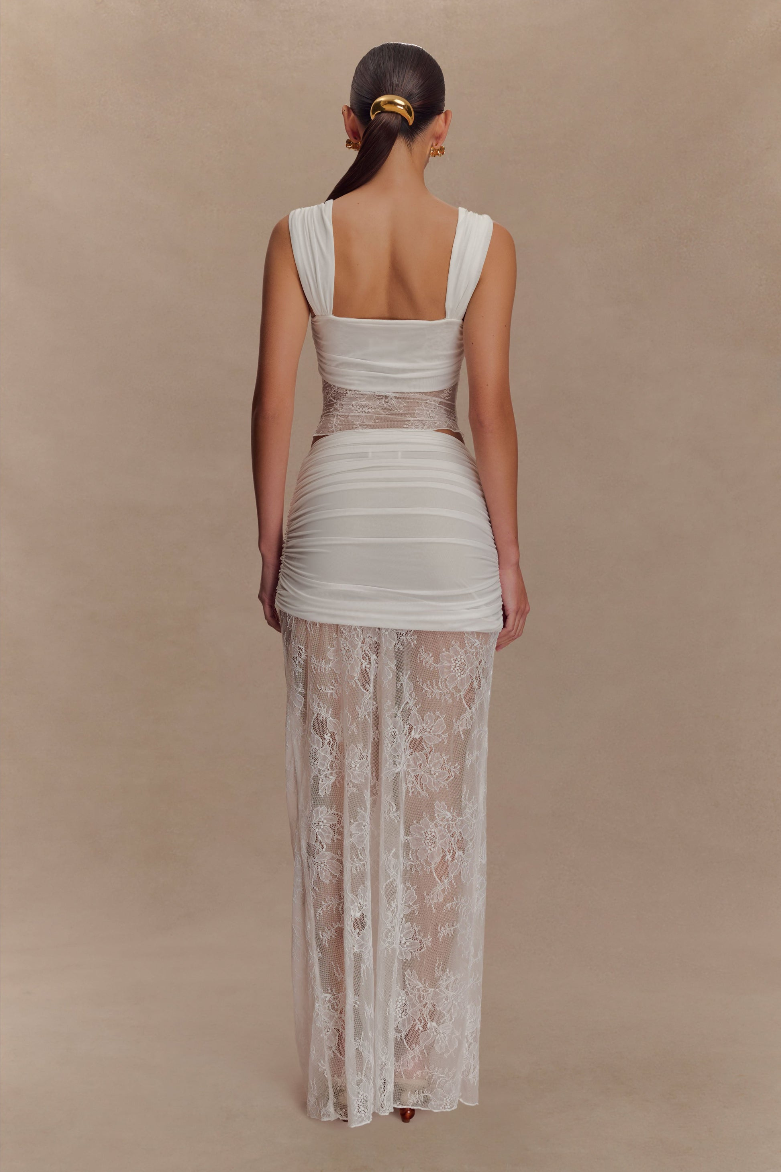 Ruched Mesh Crop Top and Lace Maxi Skirt Set in Taupe