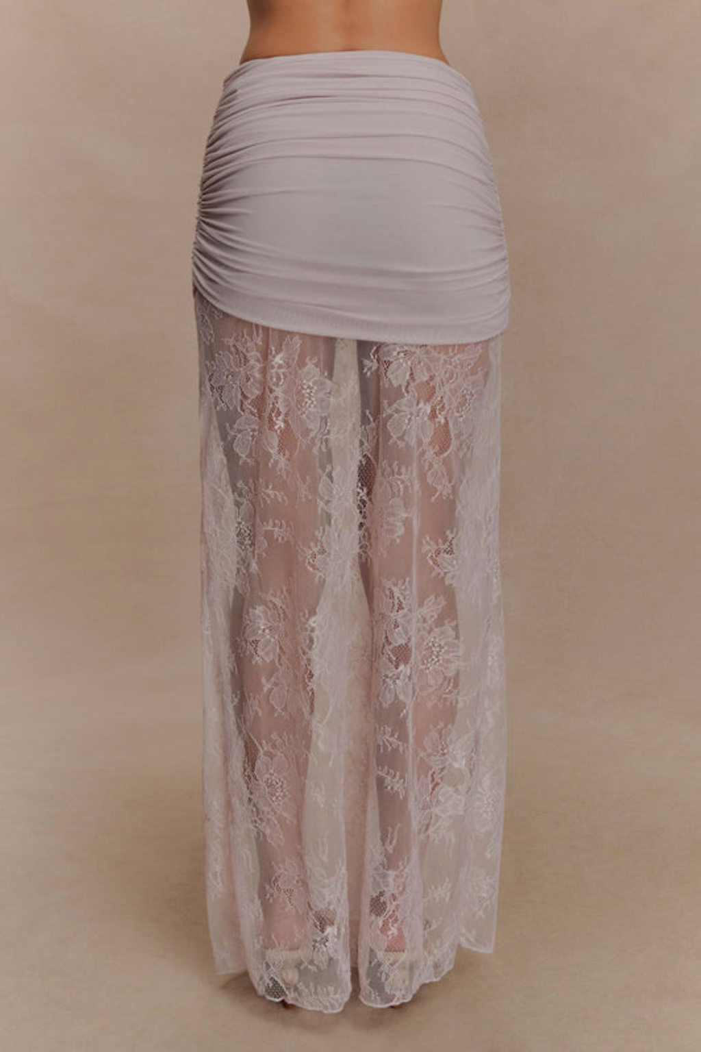 Ruched Mesh Crop Top and Lace Maxi Skirt Set in Taupe