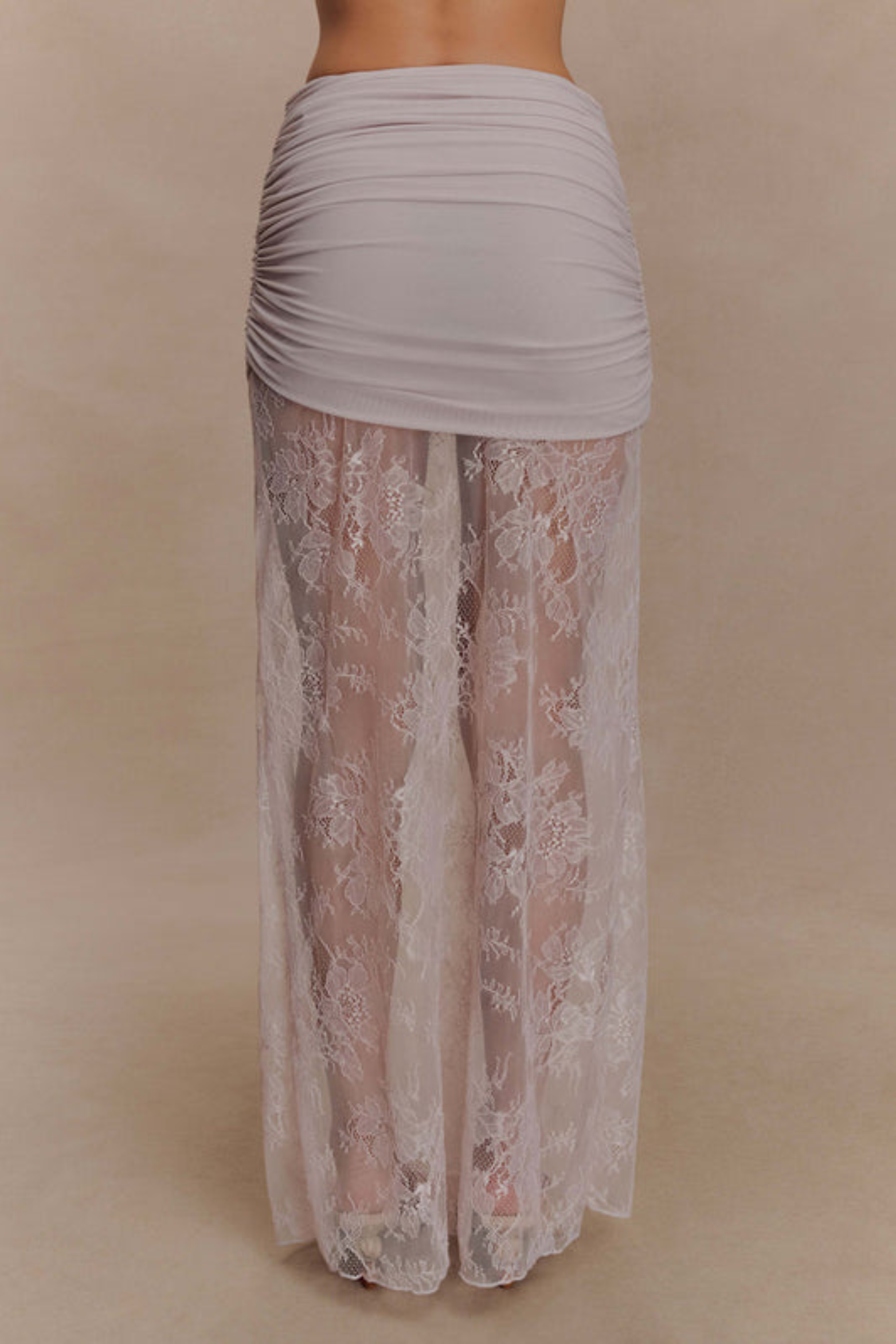 Ruched Mesh Crop Top and Lace Maxi Skirt Set in Taupe