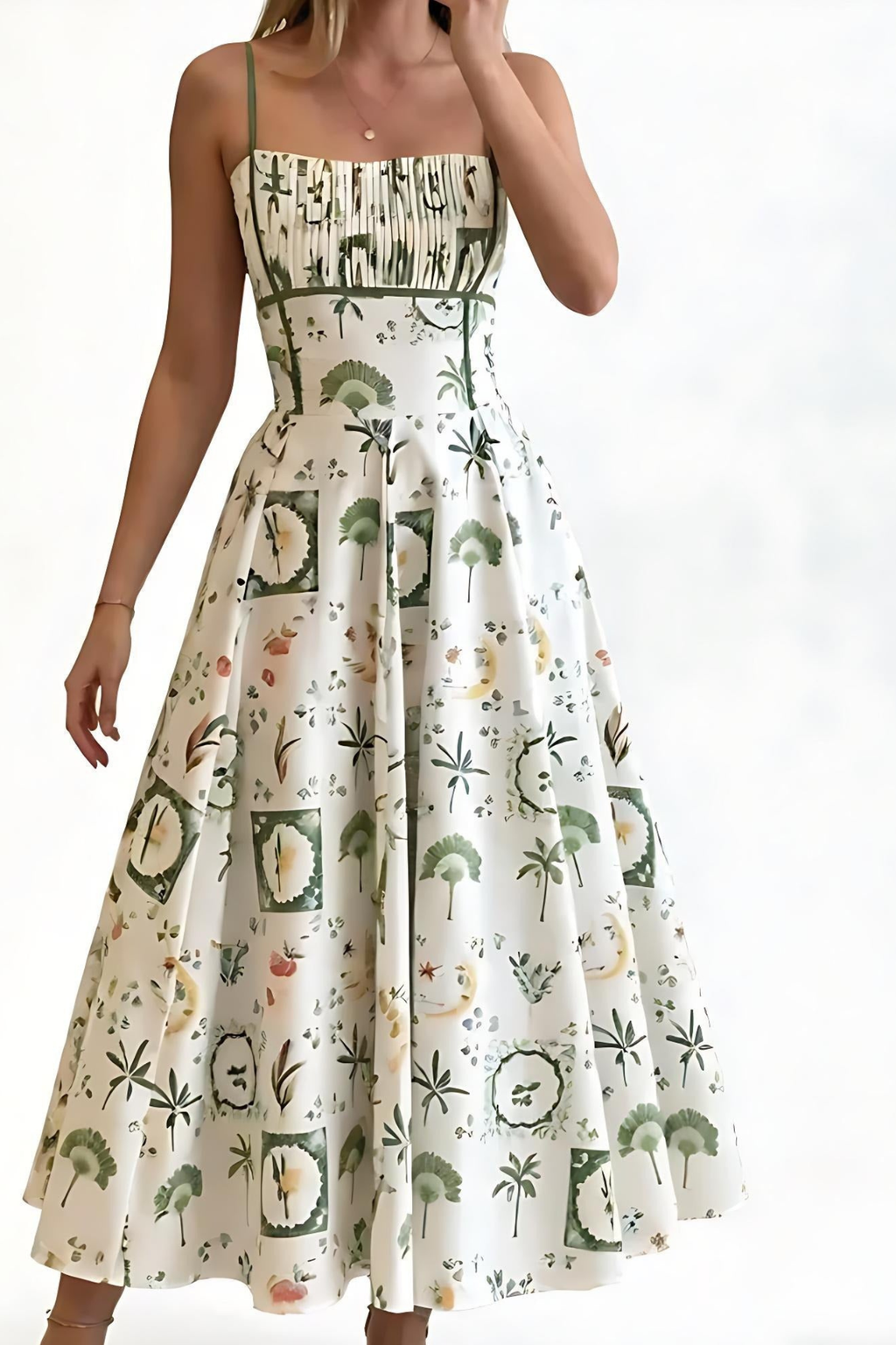 Botanical Print Smocked Waist Midi Dress