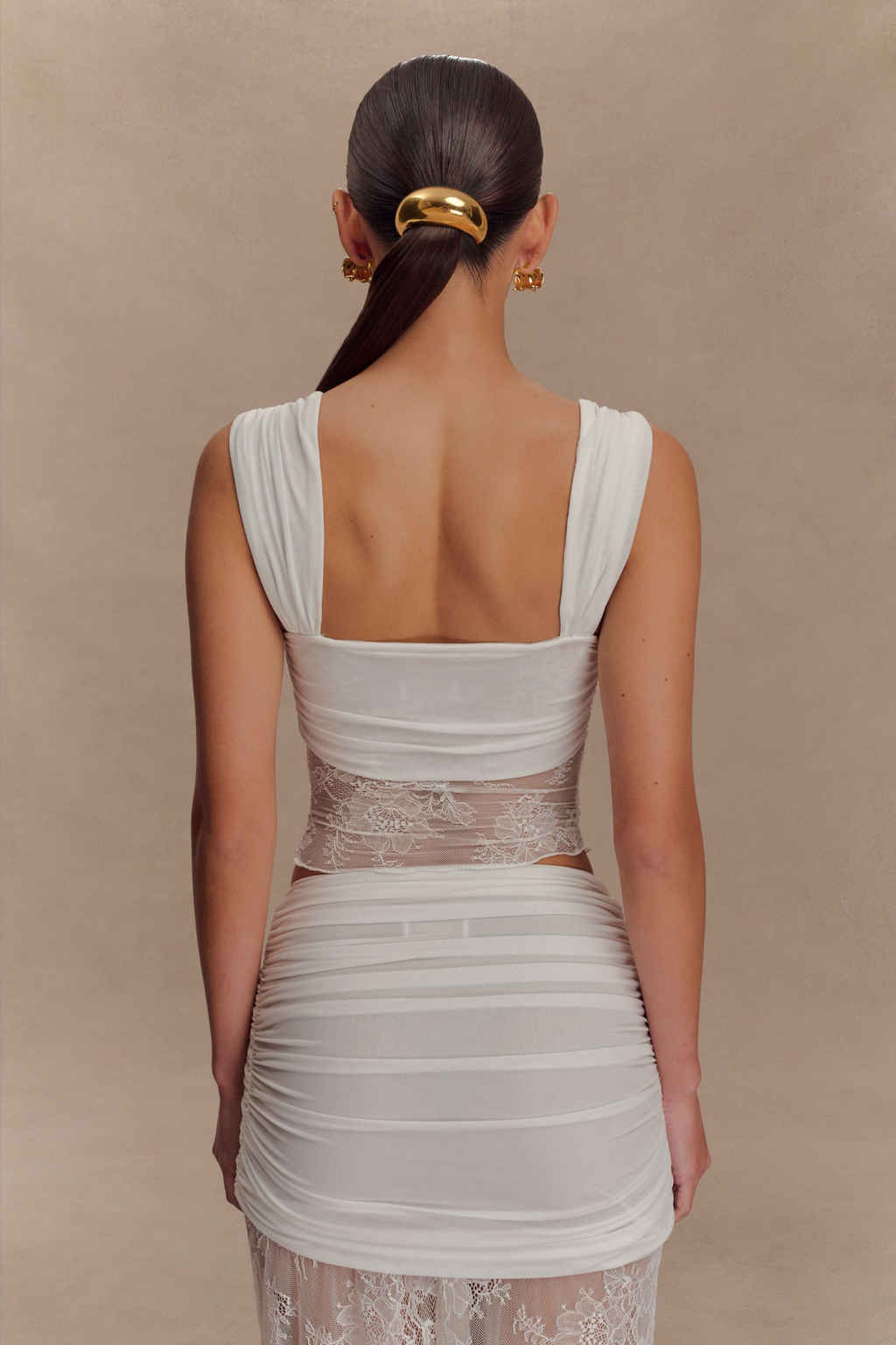 Ruched Mesh Crop Top and Lace Maxi Skirt Set in Taupe