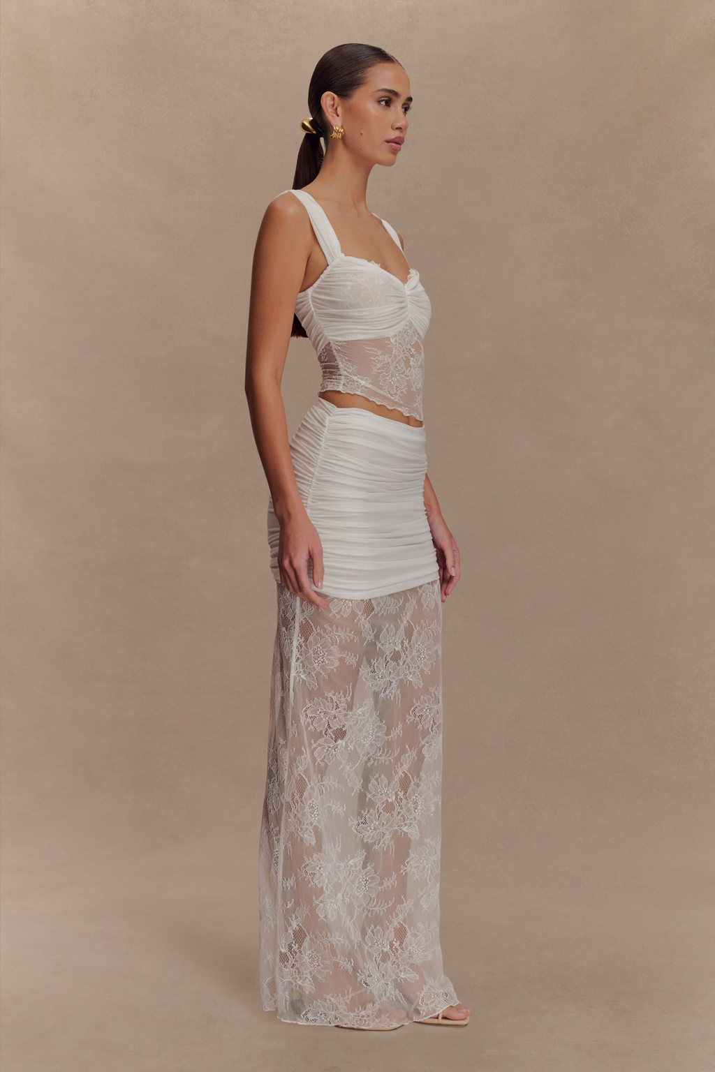 Ruched Mesh Crop Top and Lace Maxi Skirt Set in Taupe