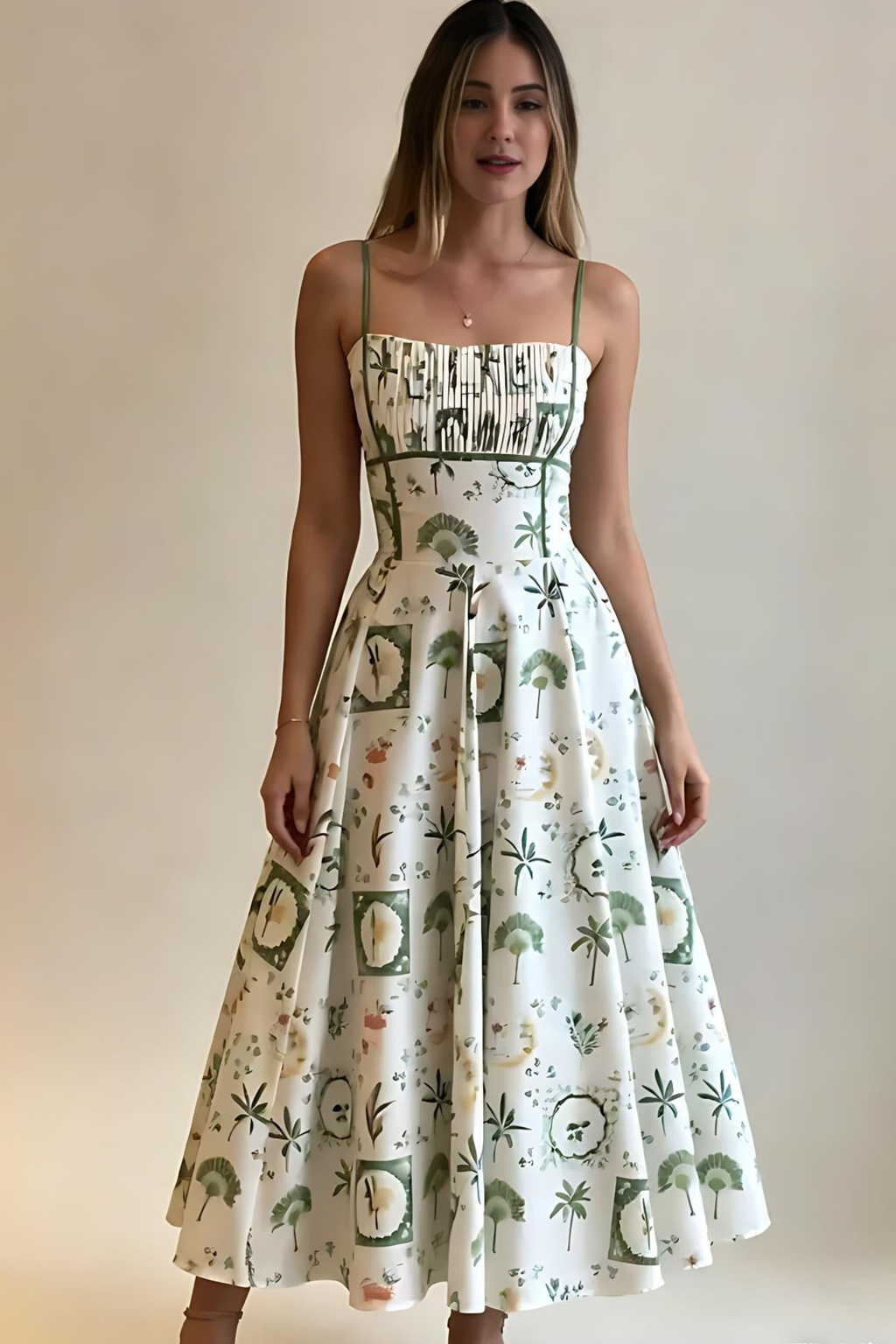 Botanical Print Smocked Waist Midi Dress