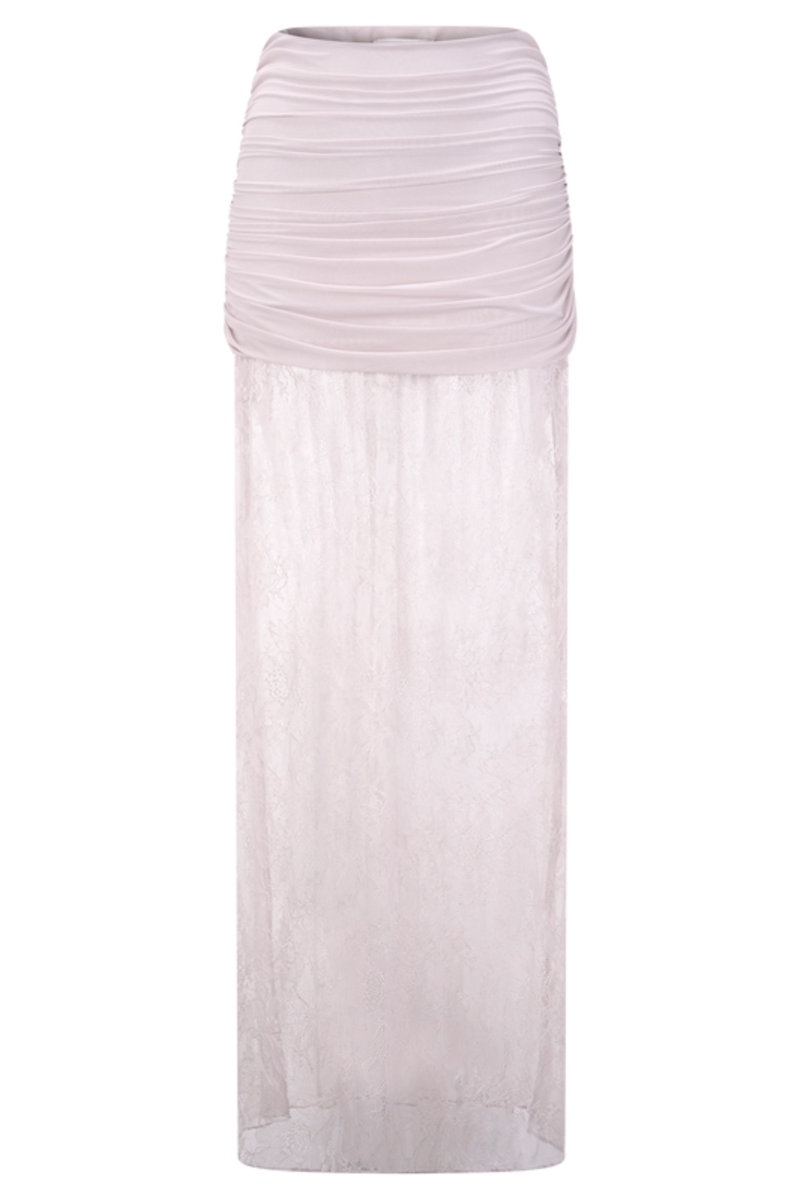 Ruched Mesh Crop Top and Lace Maxi Skirt Set in Taupe