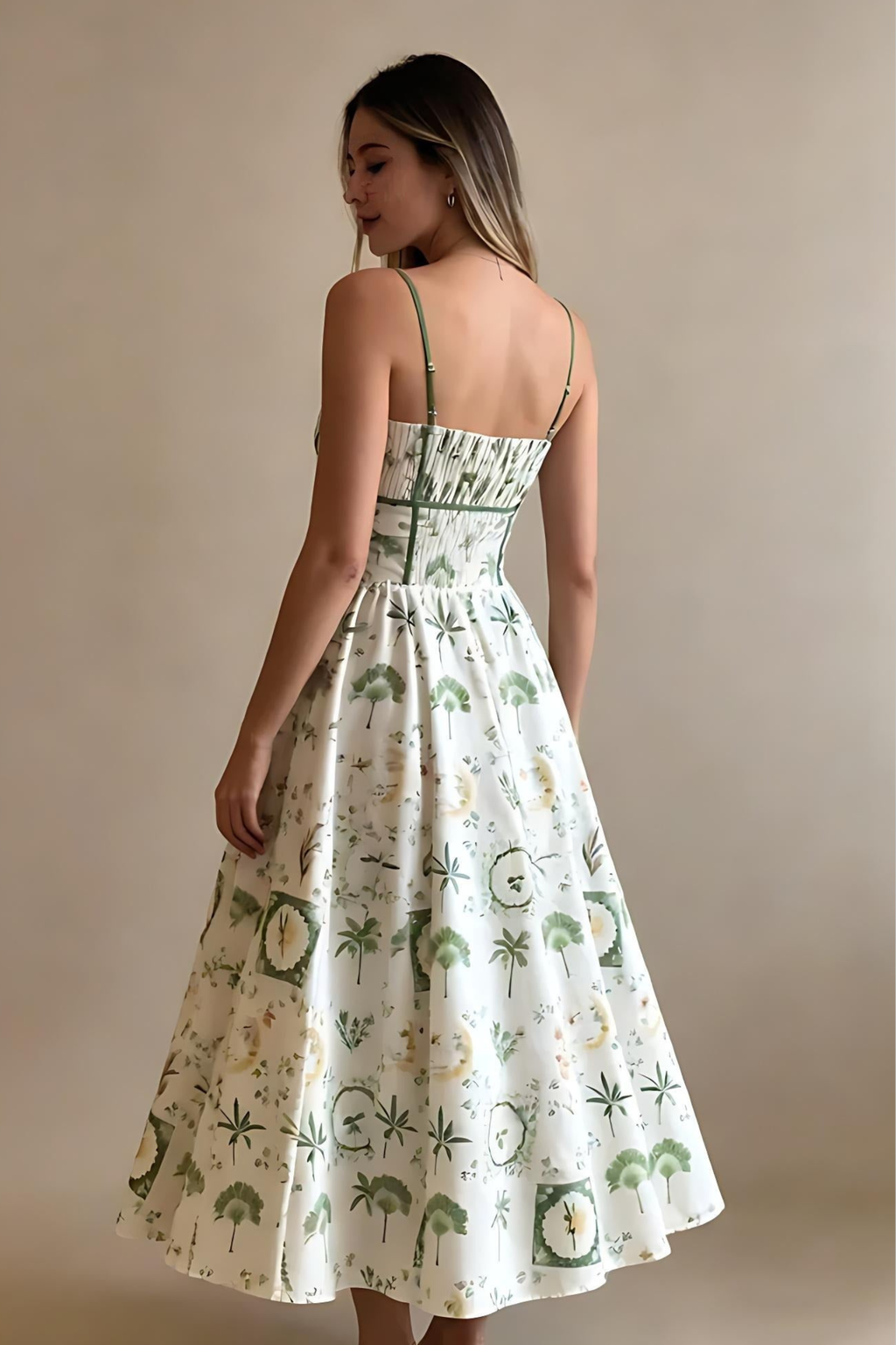 Botanical Print Smocked Waist Midi Dress