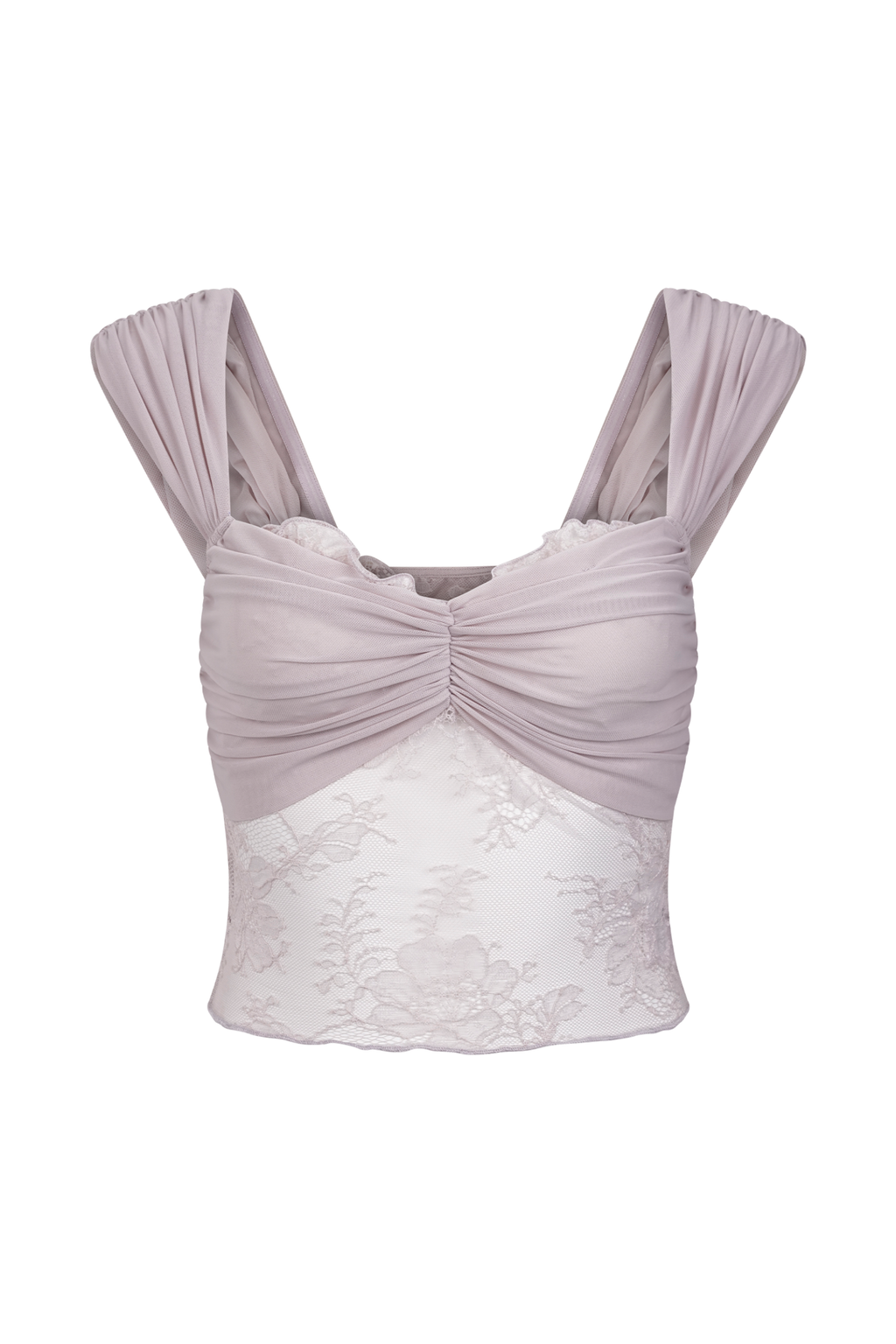 Ruched Mesh Crop Top and Lace Maxi Skirt Set in Taupe
