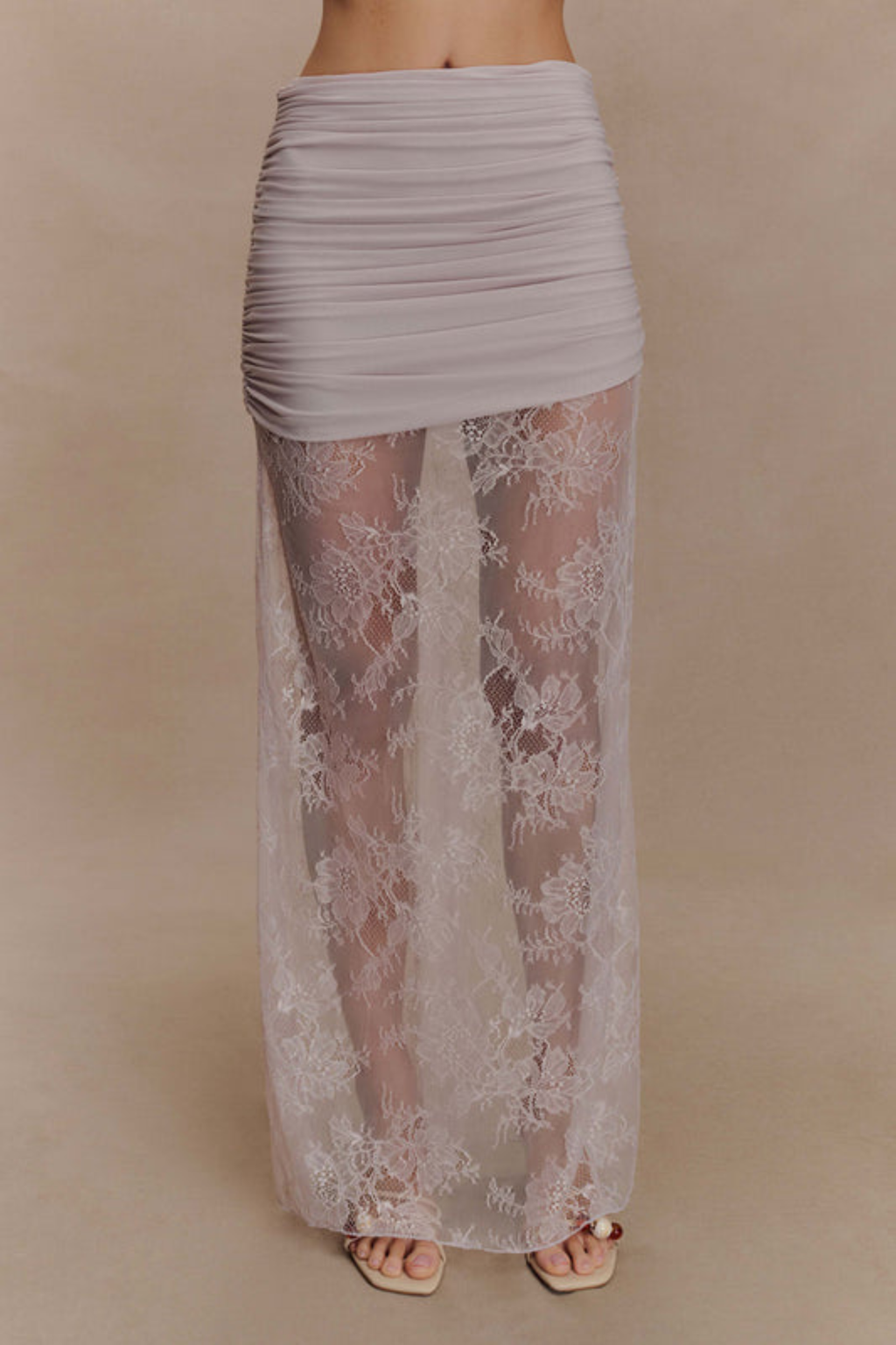 Ruched Mesh Crop Top and Lace Maxi Skirt Set in Taupe
