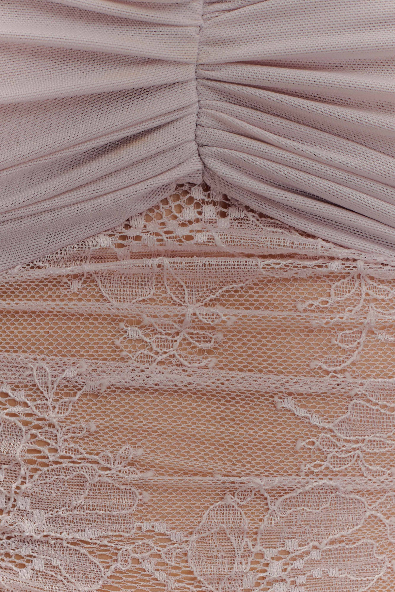 Ruched Mesh Crop Top and Lace Maxi Skirt Set in Taupe