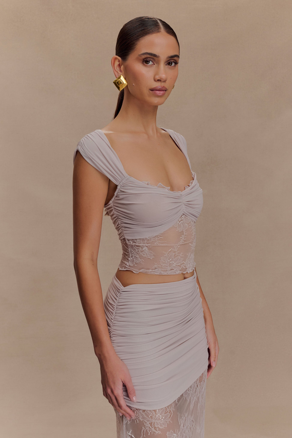 Ruched Mesh Crop Top and Lace Maxi Skirt Set in Taupe