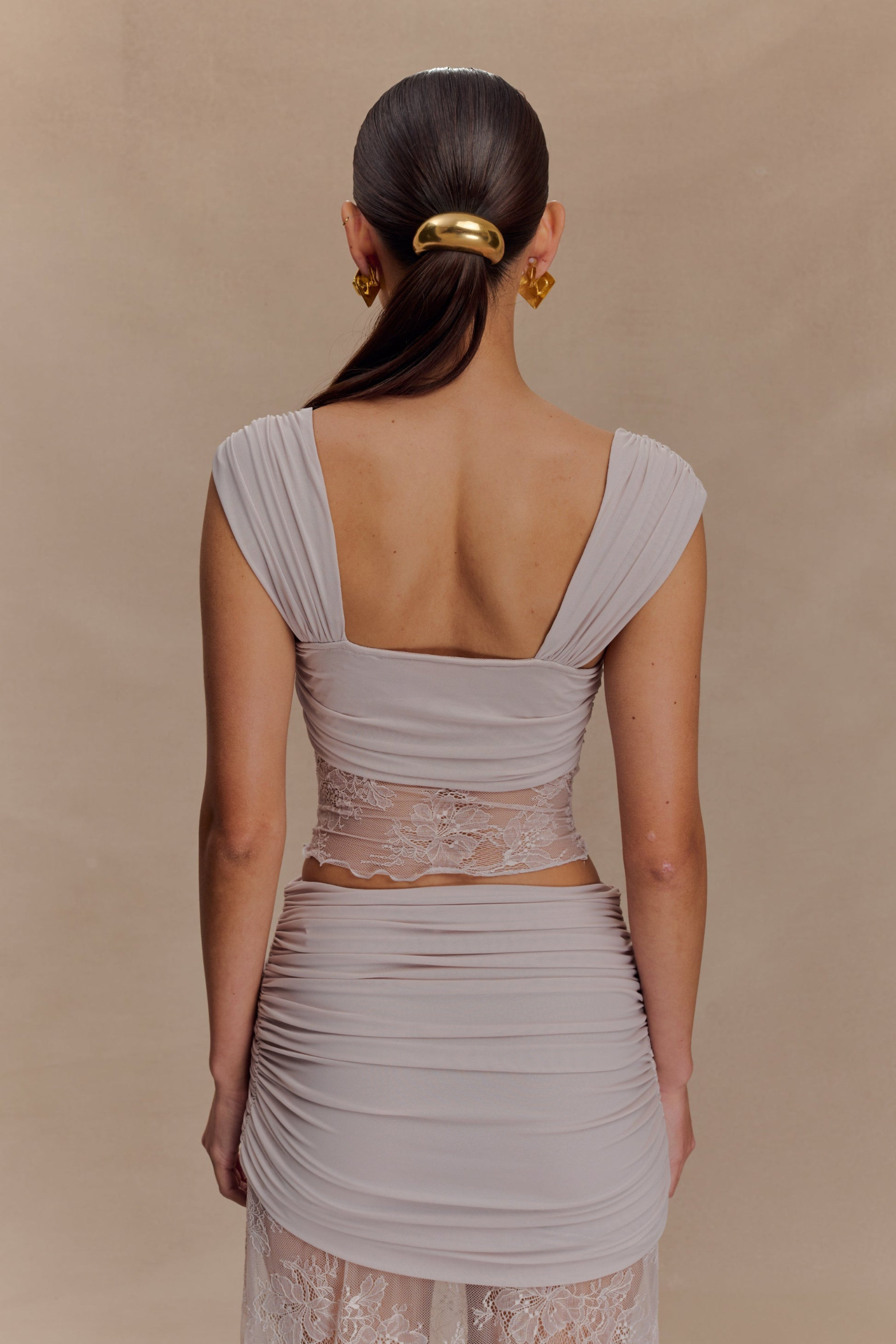 Ruched Mesh Crop Top and Lace Maxi Skirt Set in Taupe